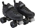 Pair of black quad roller skates, lace-up high-top, four wheels