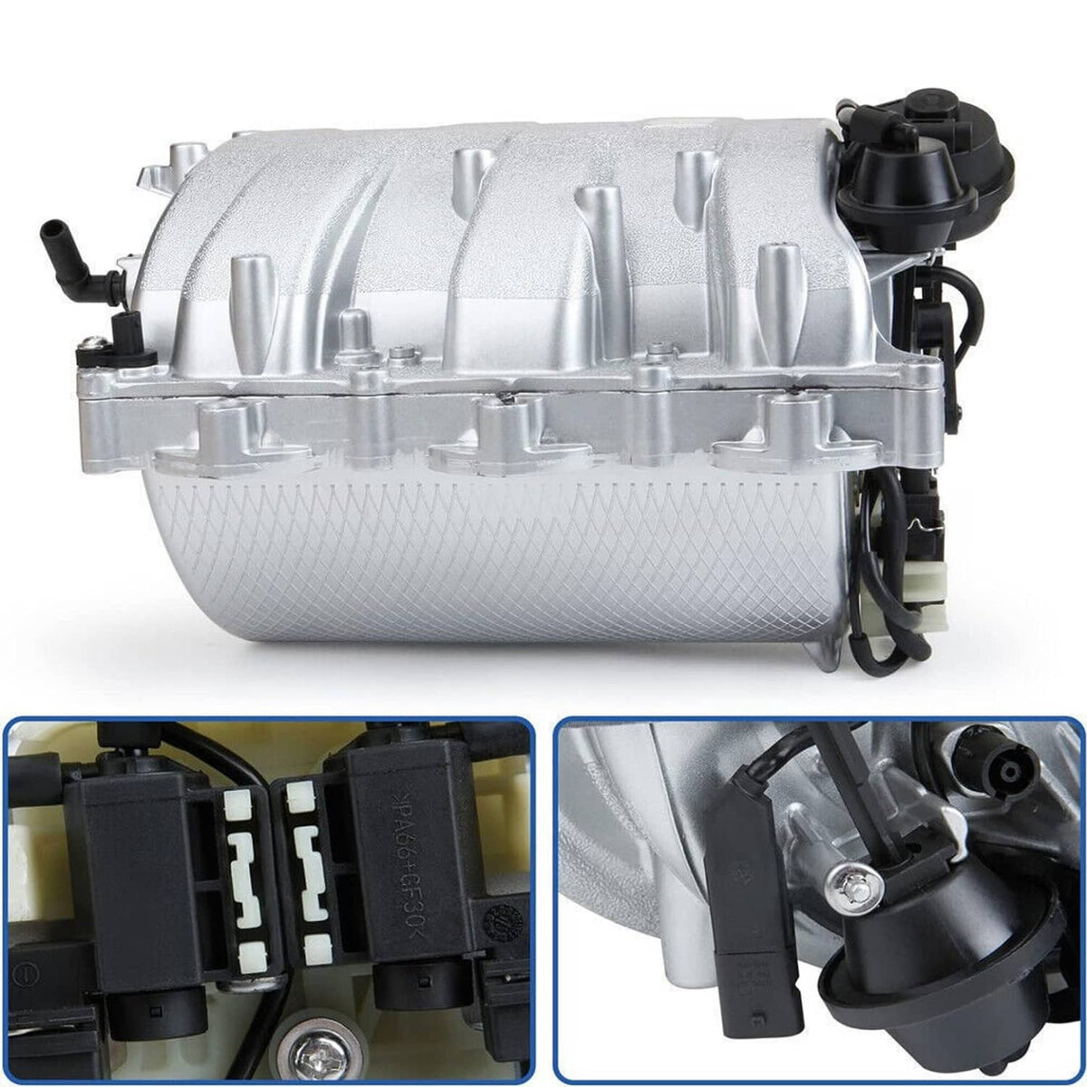 Silver intake manifold assembly with vacuum lines and sensor components