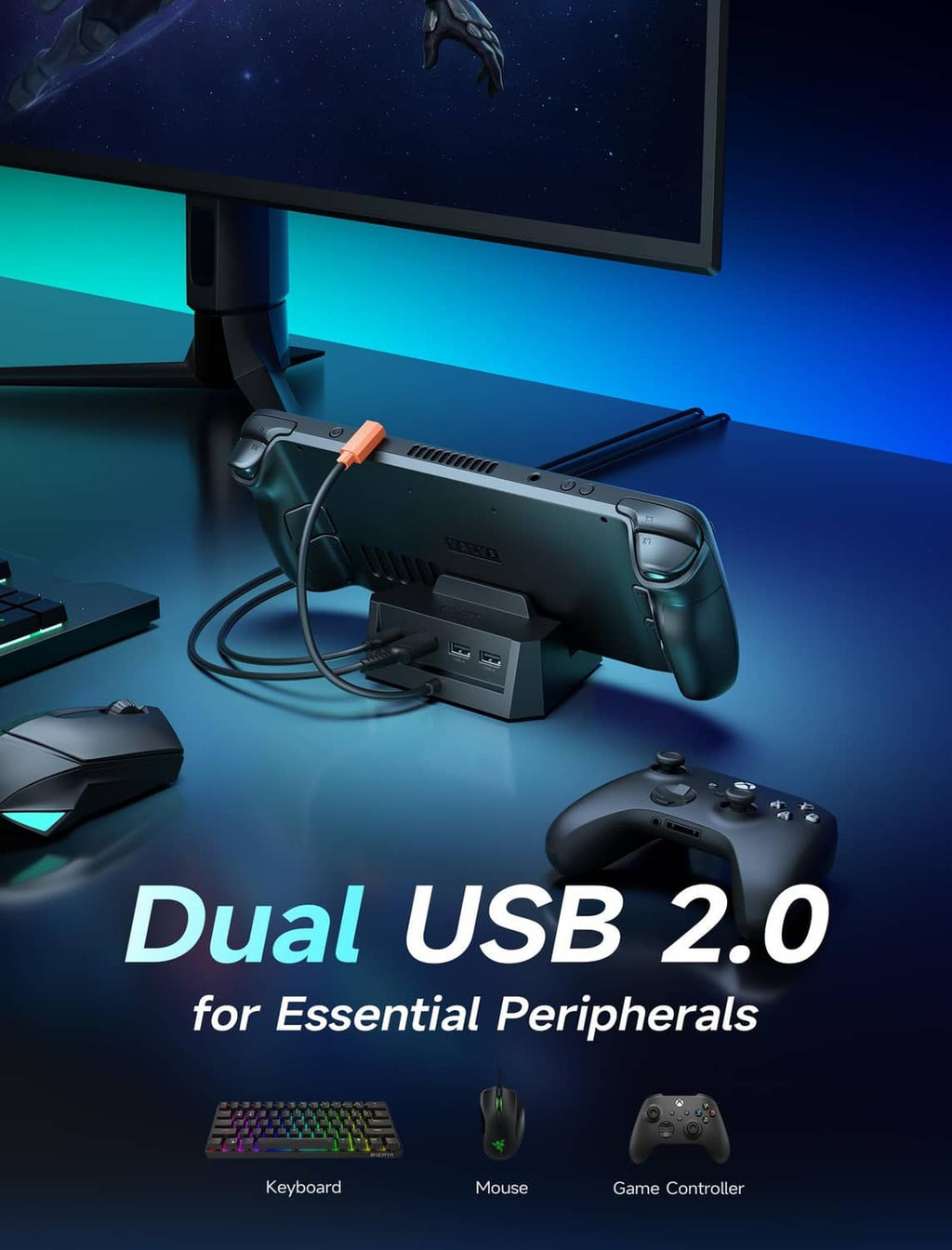 Black docking station connected to handheld, showing two USB ports and cable