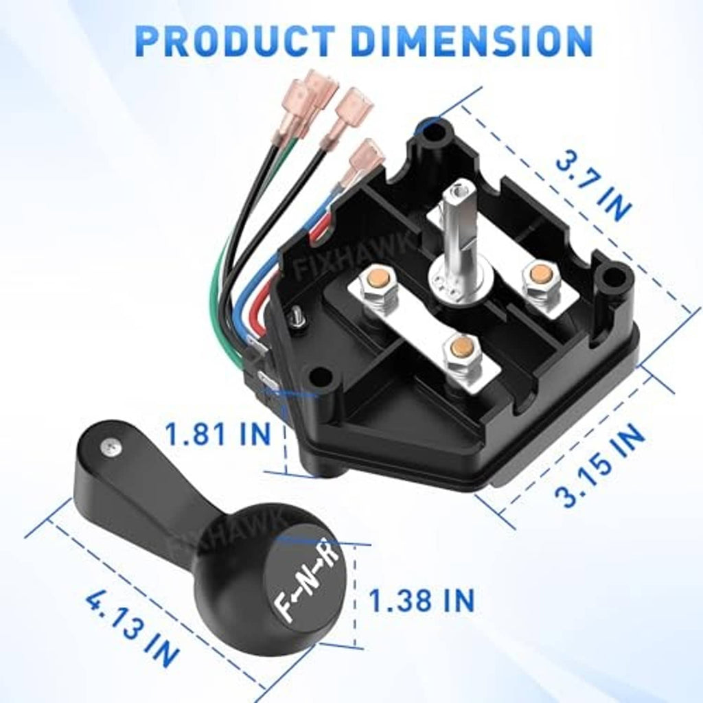 Black switch assembly with mounting base and handle, showing dimensions diagram