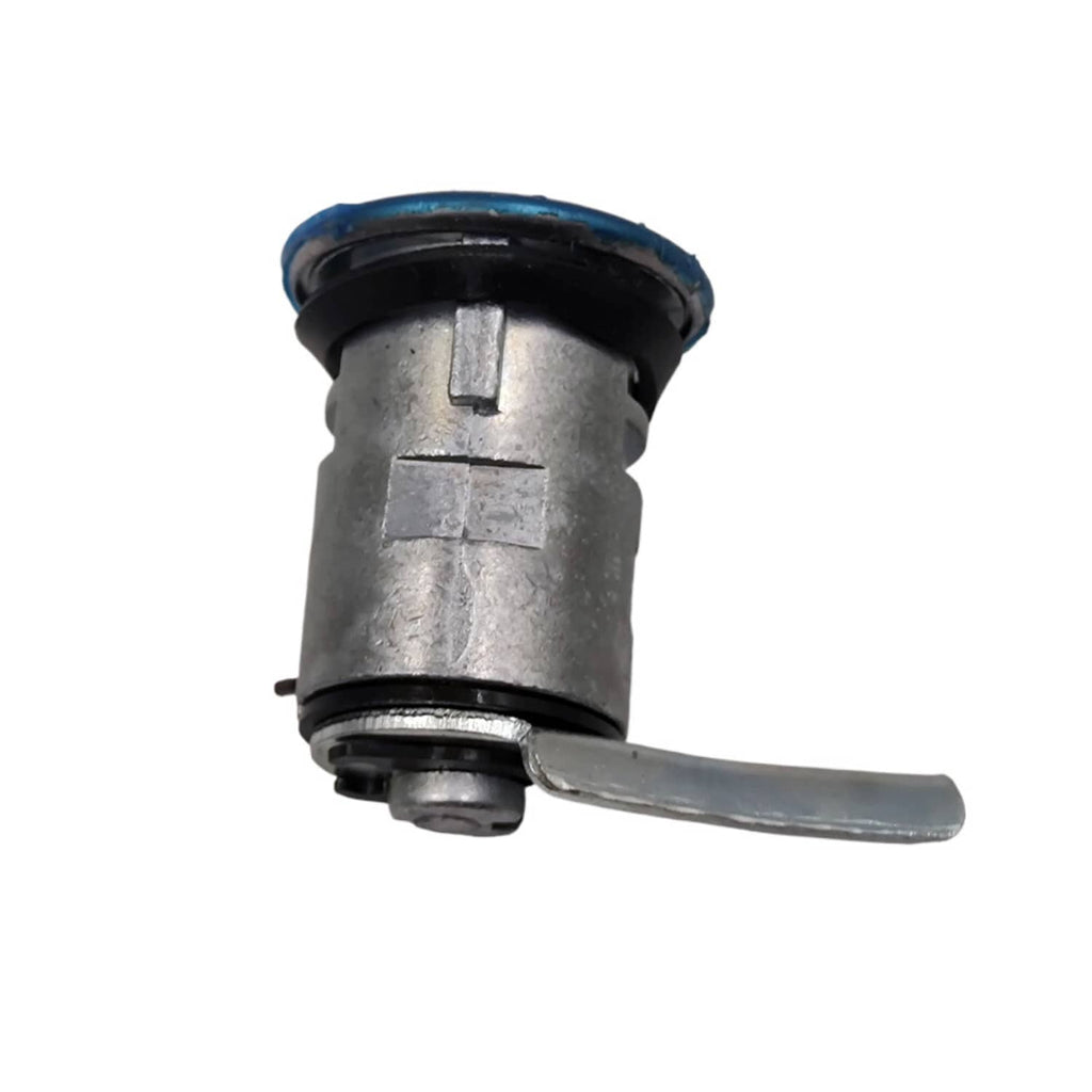 Metal lock cylinder with blue cap and protruding key tab
