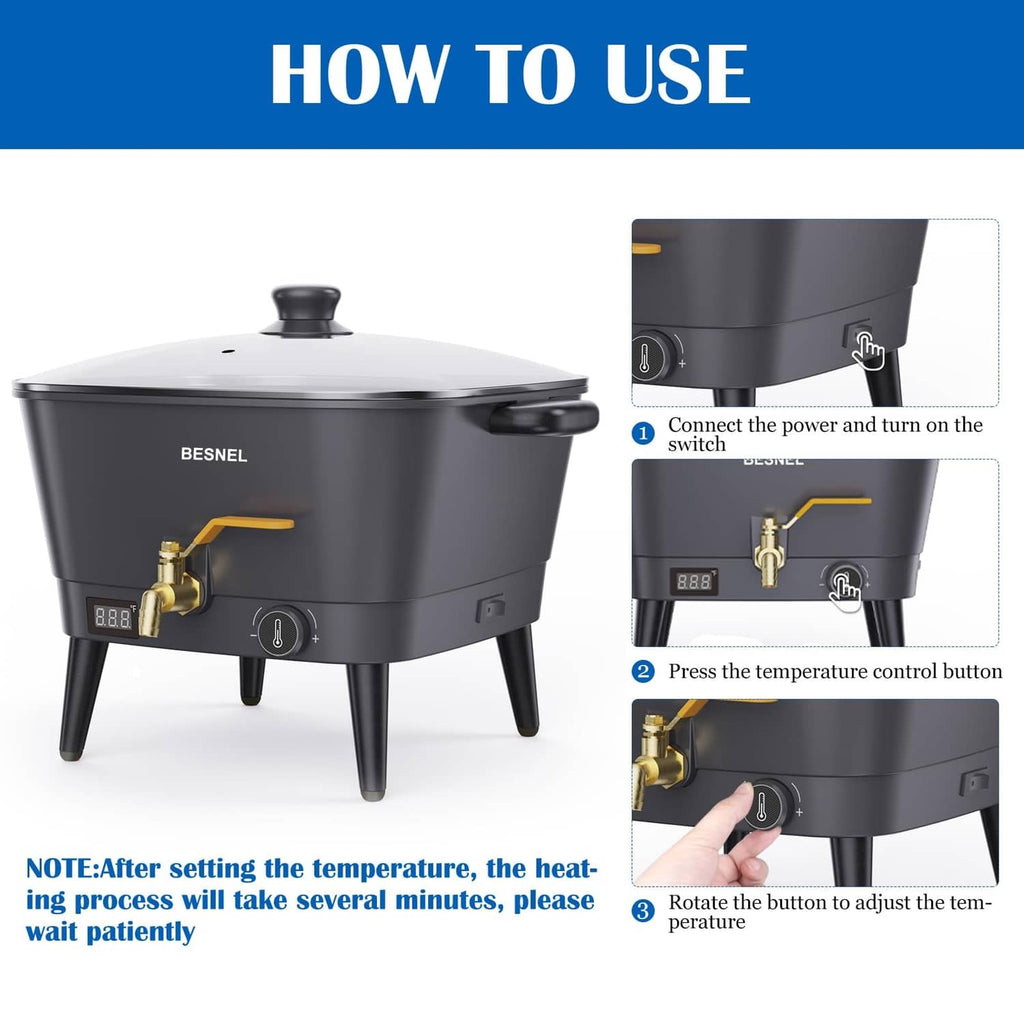 Black electric wax melter with spigot, lift handle, and digital temperature control