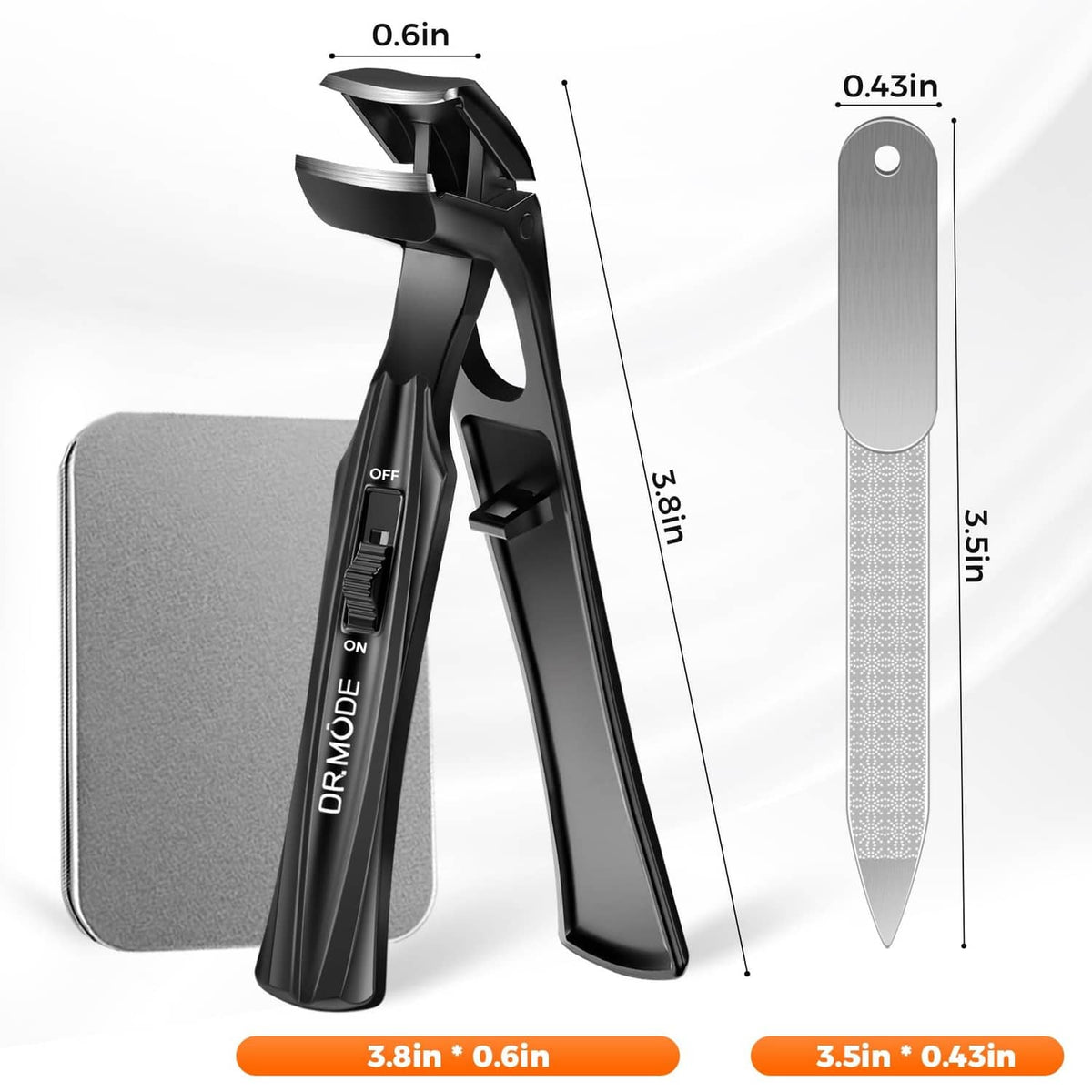 Black toenail clippers with included angled nail file and measurements