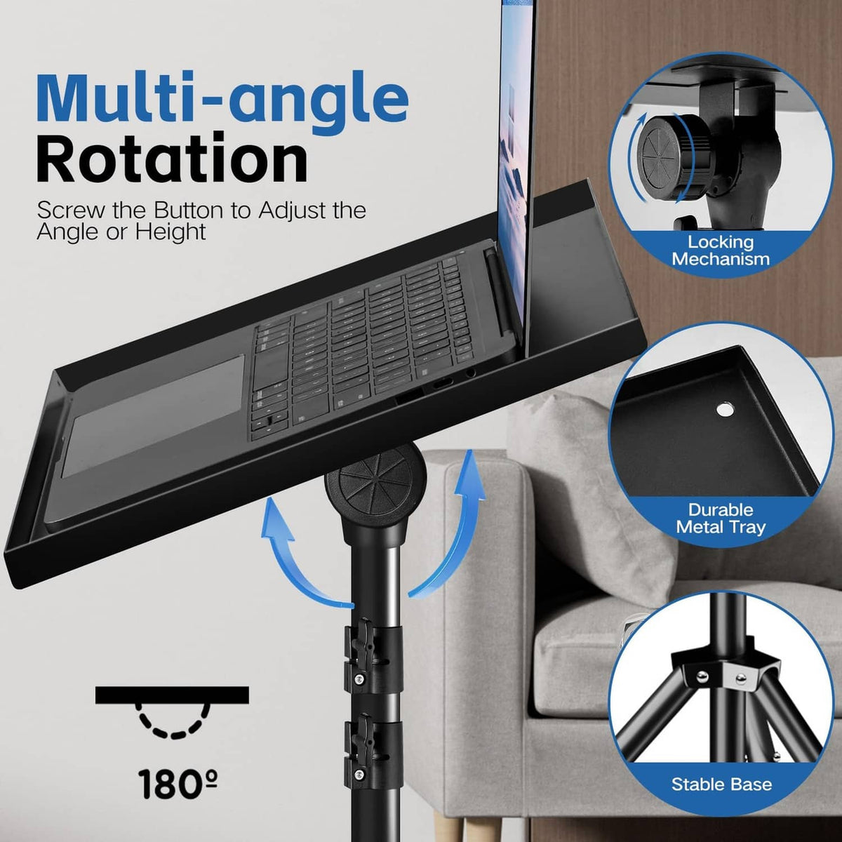 Black projector stand with rotating tilt head and locking mechanism for angle changes