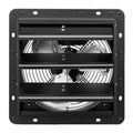 Wall-mount exhaust fan with steel housing and adjustable louver blades, black finish.