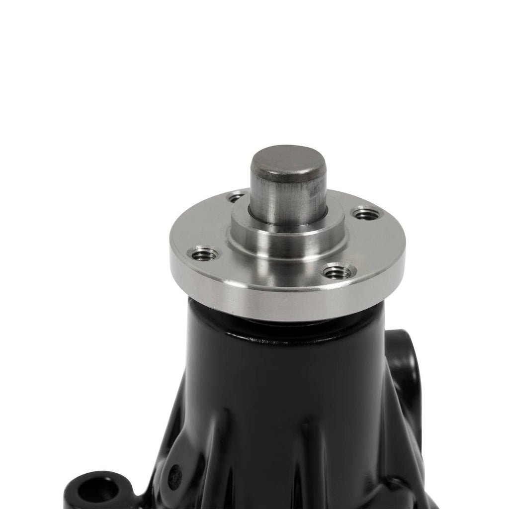 Water pump with black body and silver hub flange, close-up on top