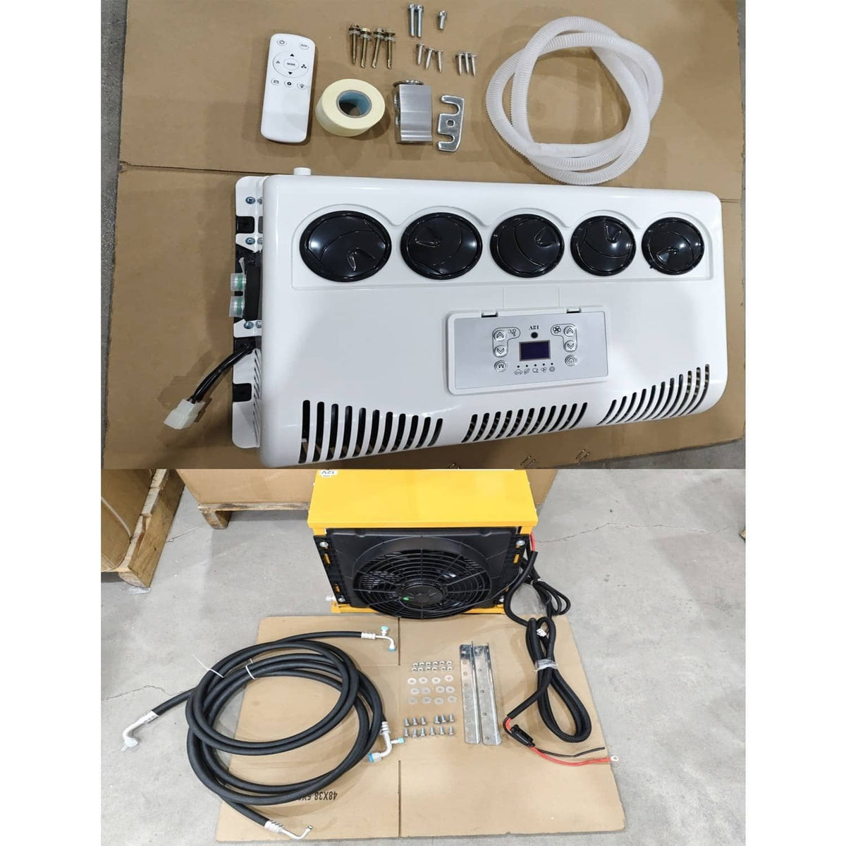 12V truck split AC kit with white indoor unit, remote, cables, and mounting parts