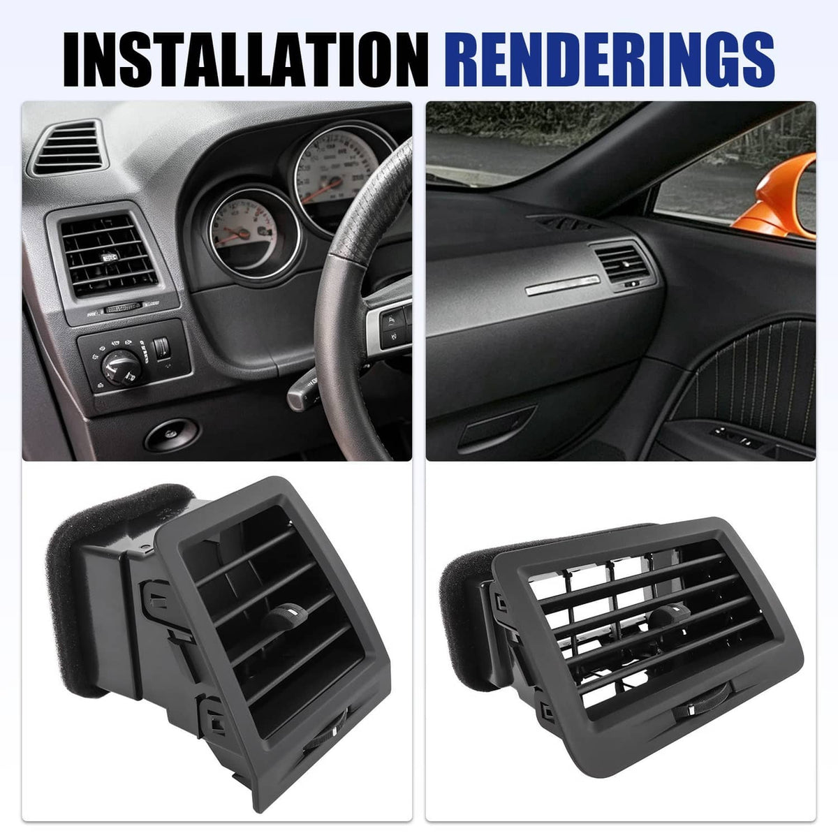 Dashboard A/C vent insert with mounting tabs and foam edges, black plastic