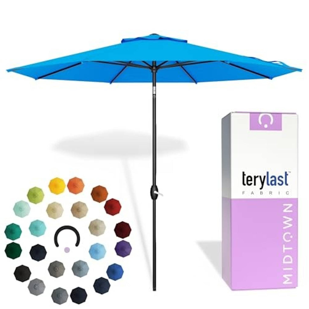 Open cobalt blue patio umbrella with central pole and Terylast fabric swatch