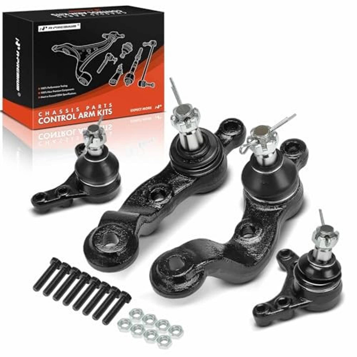 Set of 4 front ball joints with black control arms, studs, dust boots, and bolts
