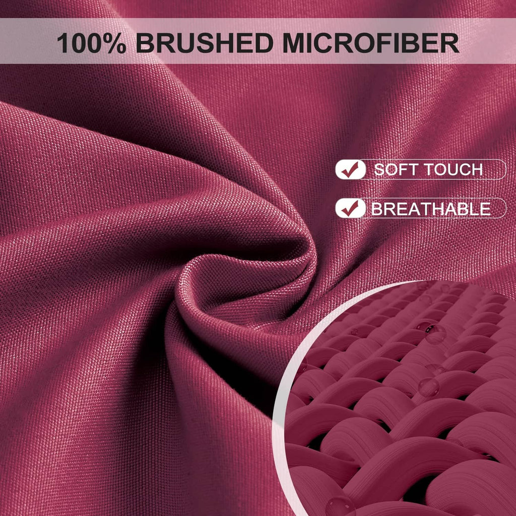 Burgundy brushed microfiber fitted sheet fabric close-up, soft and breathable