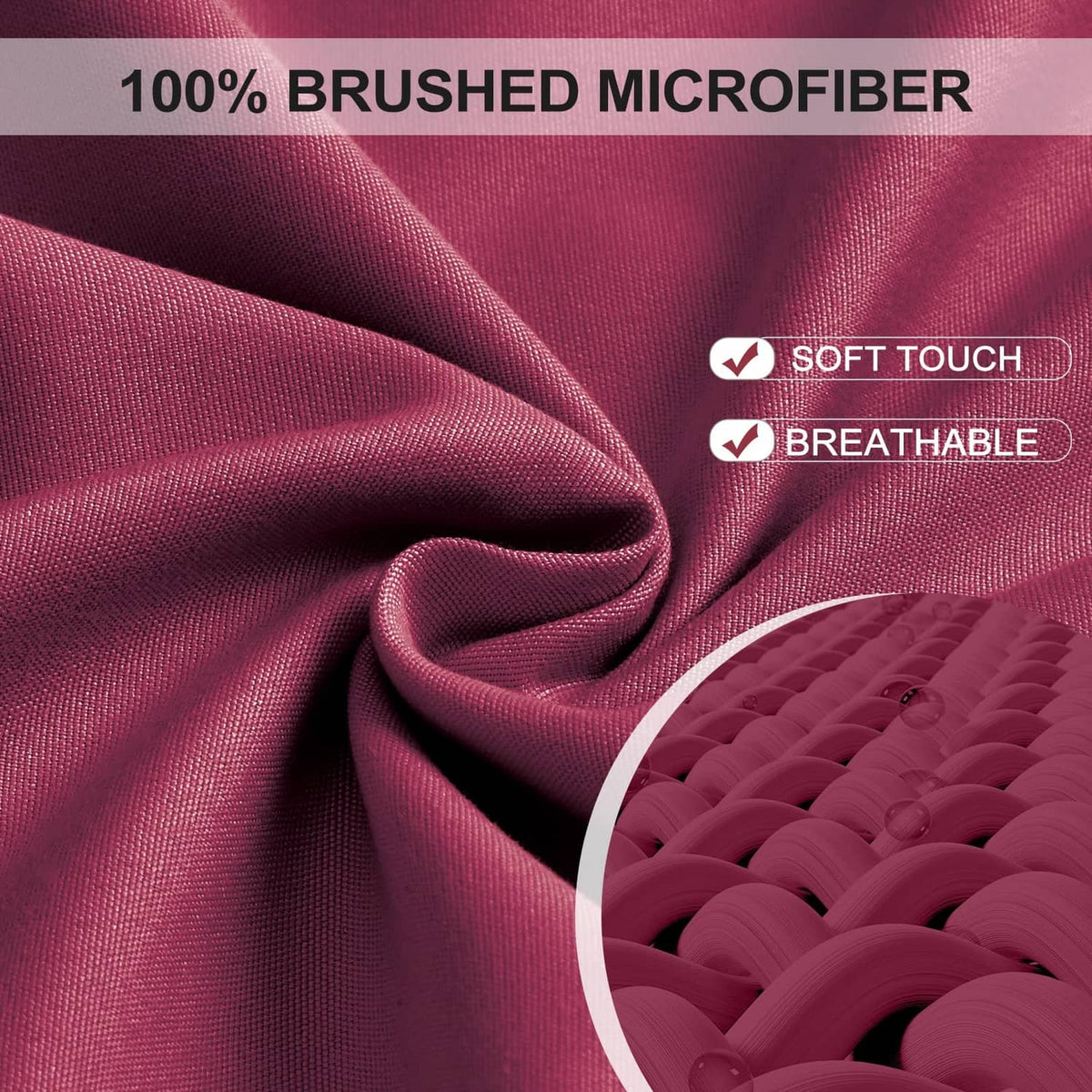 Burgundy brushed microfiber fitted sheet fabric close-up, soft and breathable