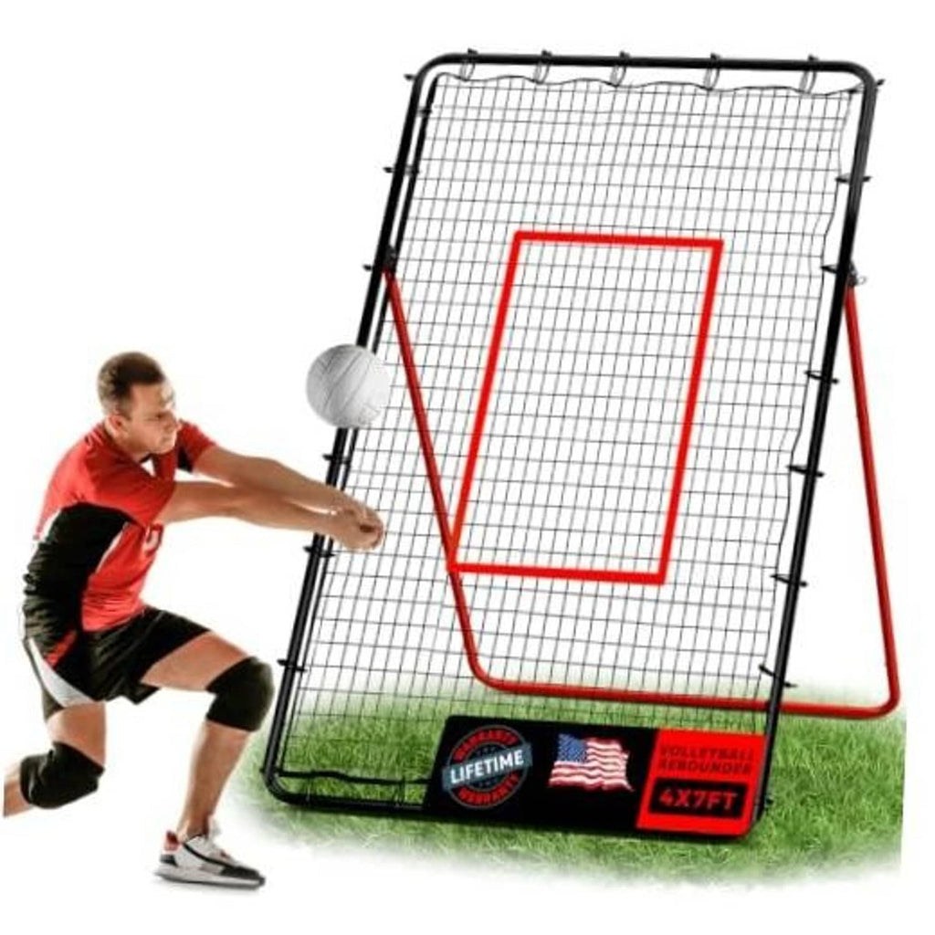 Red target training rebounder net with black mesh and arched metal frame.