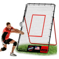 Red target training rebounder net with black mesh and arched metal frame.
