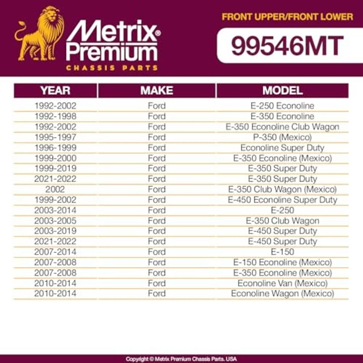 Vehicle fitment chart for Ford E-250 Econoline and related models by year