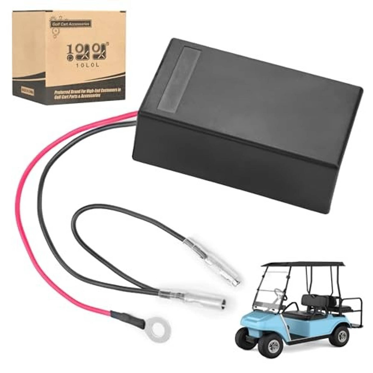 Black rev limiter module with red/black wire leads, two inline connectors, and box