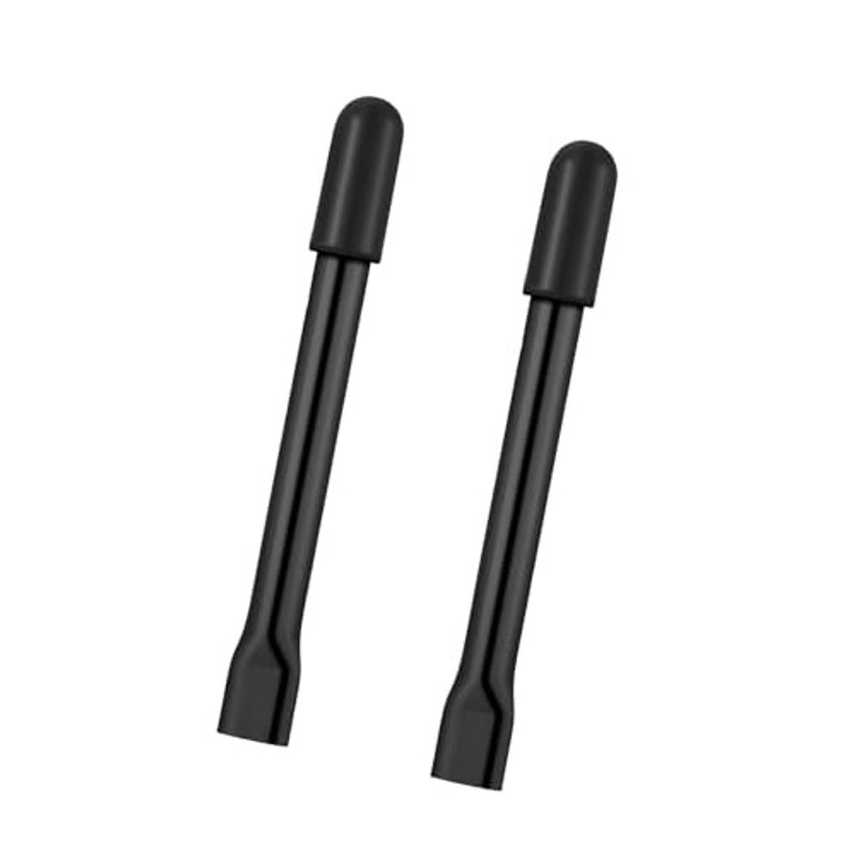 Two black wheelchair brake handle extenders with textured grip and rubber tips