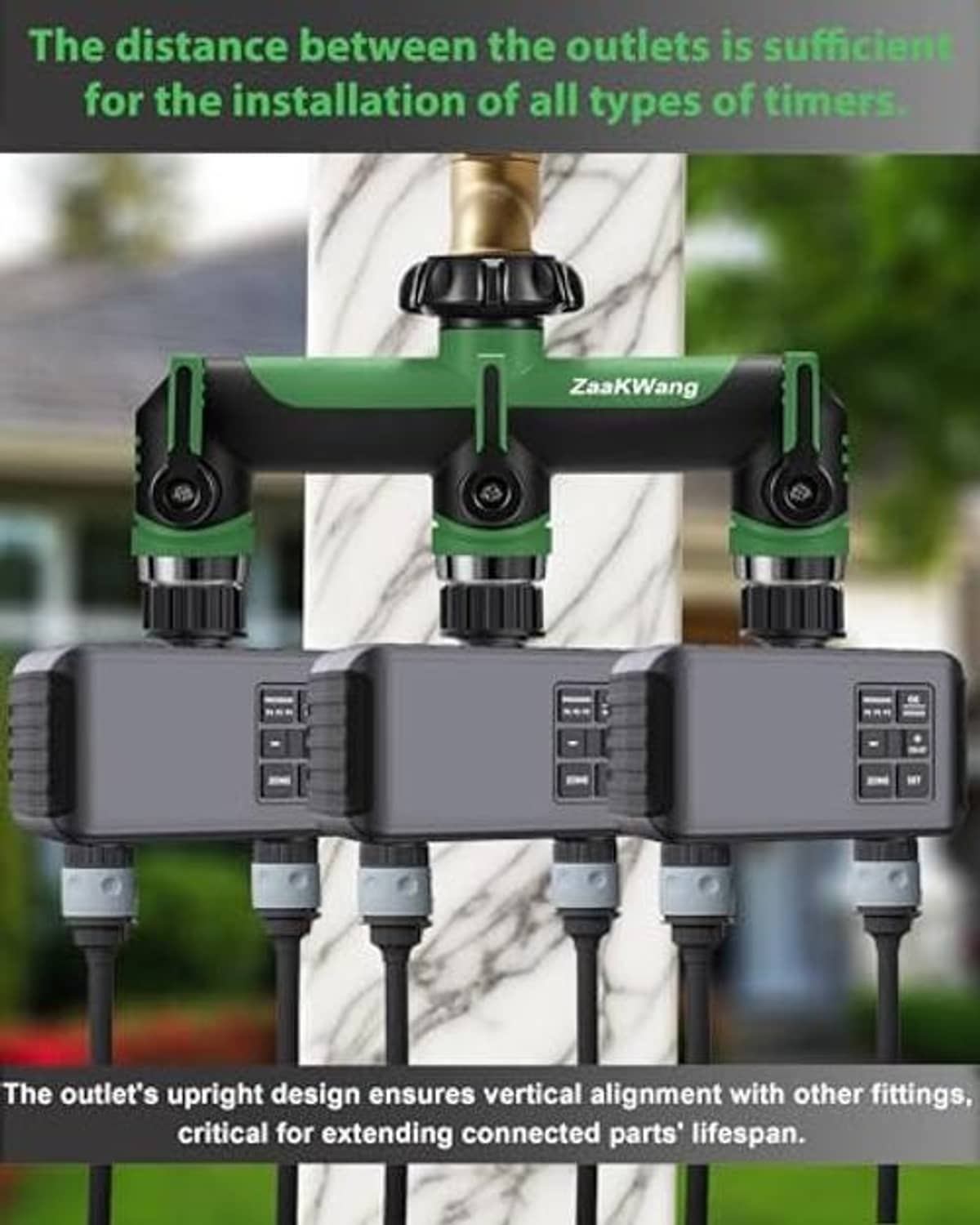 3-way hose splitter connected to three hoses with black valve heads and green body