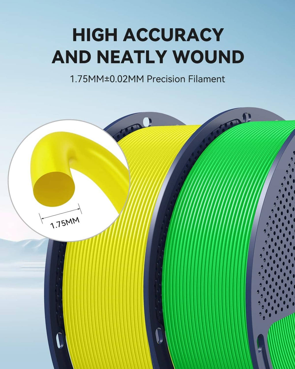 Close-up of coiled filament on a spool highlighting neat winding and high accuracy