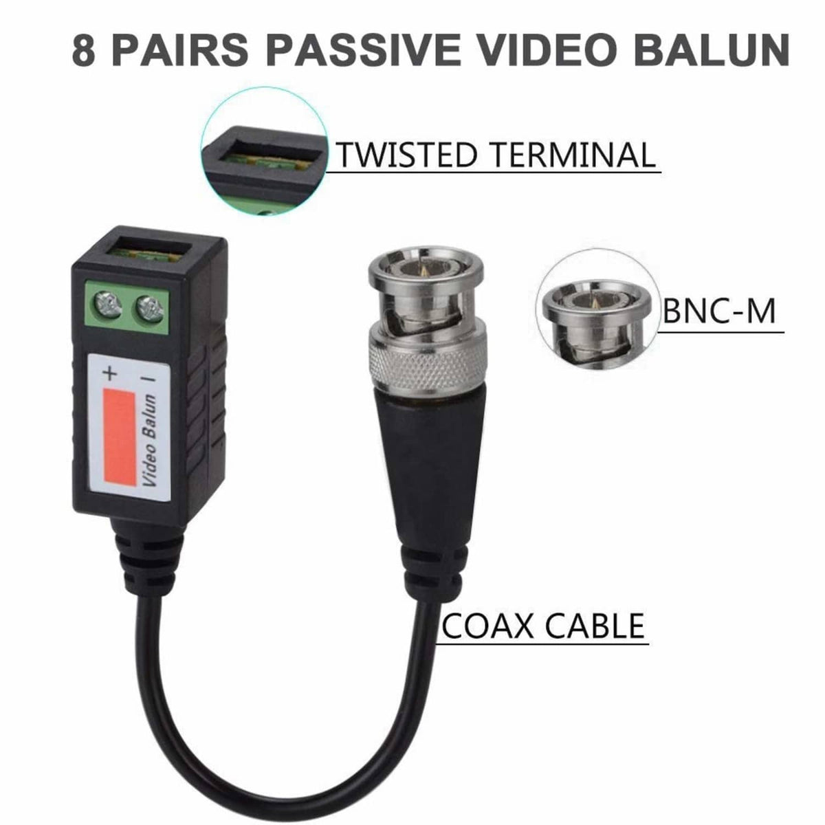 Passive video balun with twisted terminal connection and BNC-M coax cable end
