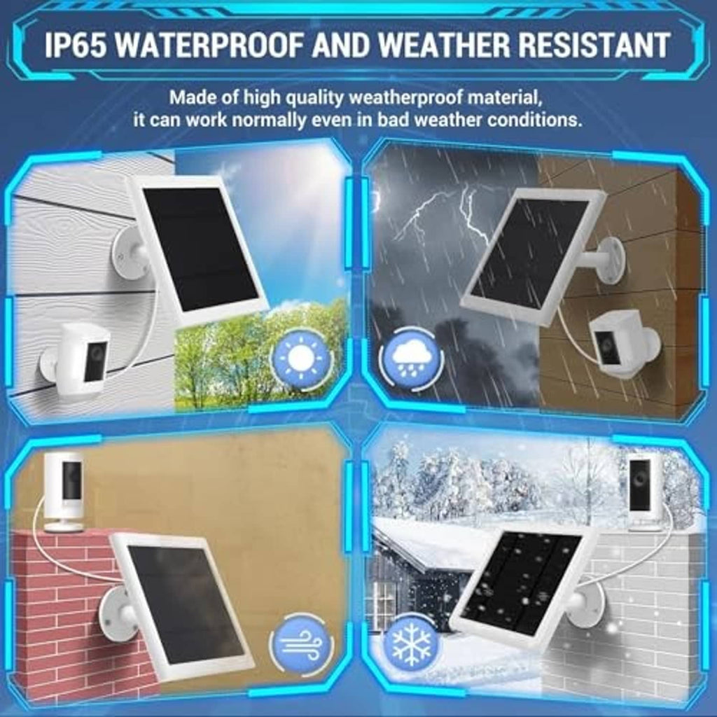 Weatherproof solar panel charger diagram with rain and snow icons and outdoor mounts
