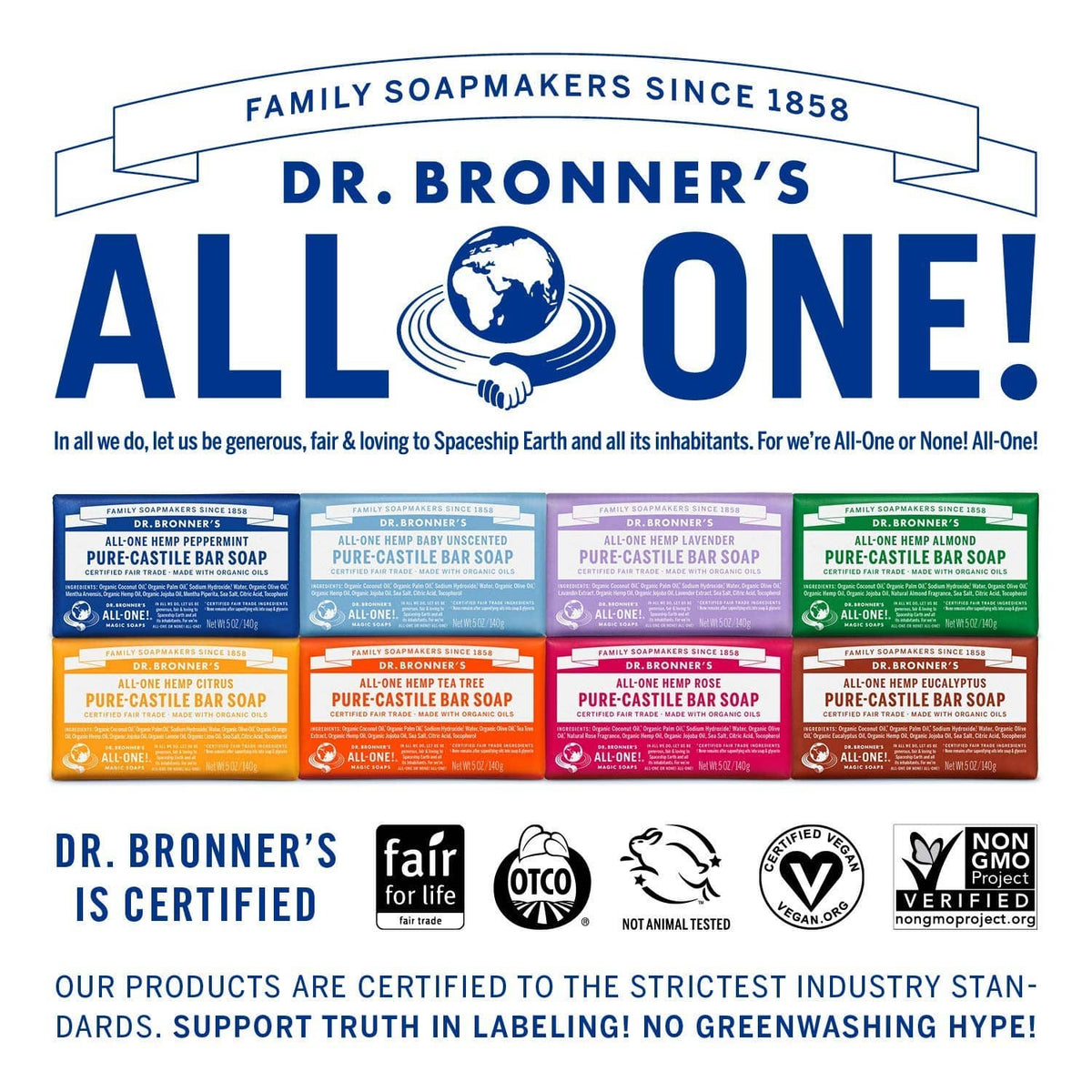 Dr. Bronner's ALL ONE! soap bar variety display with certification badges