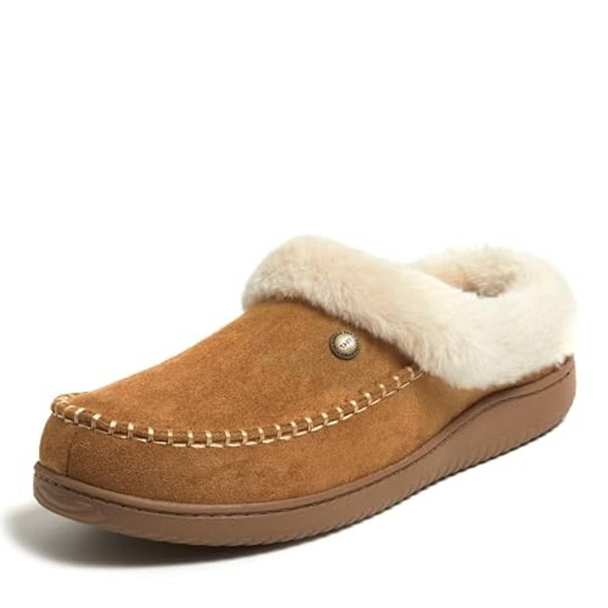 Brown suede clog with white faux-fur lining, rounded toe, and stitched side seam