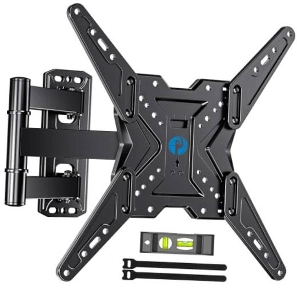 Black universal TV wall mount bracket with long arms, wall plate, screws, and level