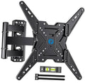 Black universal TV wall mount bracket with long arms, wall plate, screws, and level