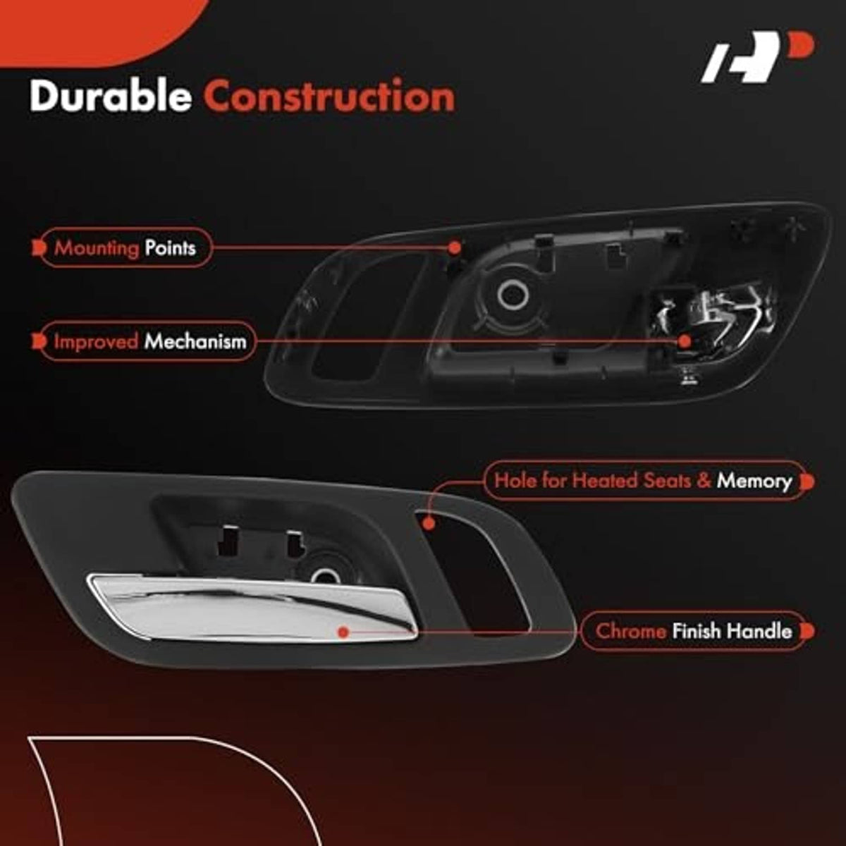 Front left interior door handle assembly with chrome handle and black trim