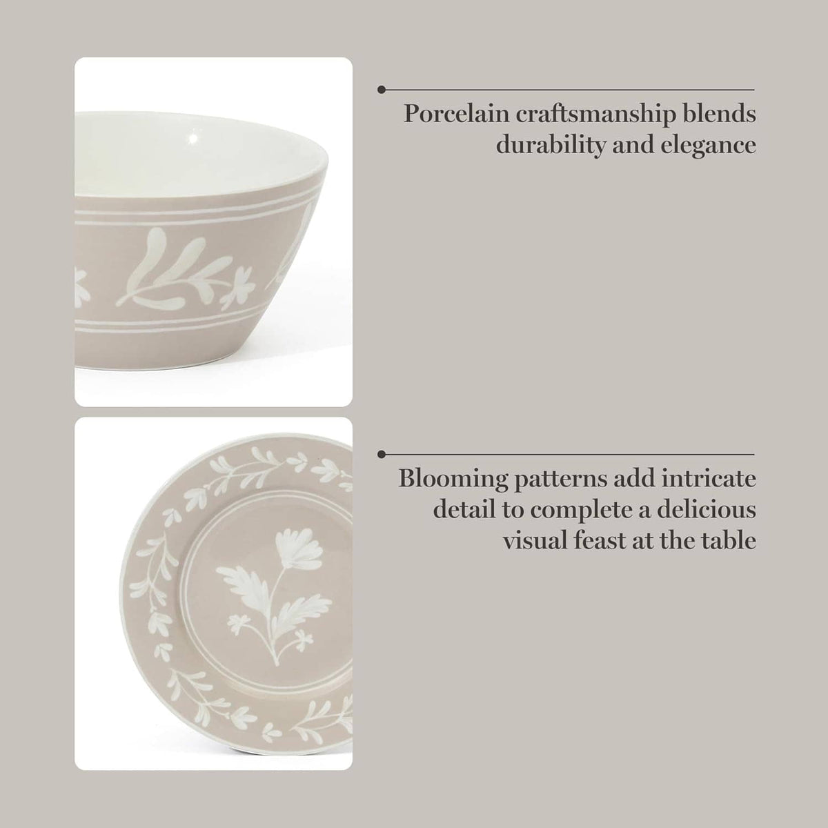 Taupe porcelain cereal bowl with white leaf-and-vine border