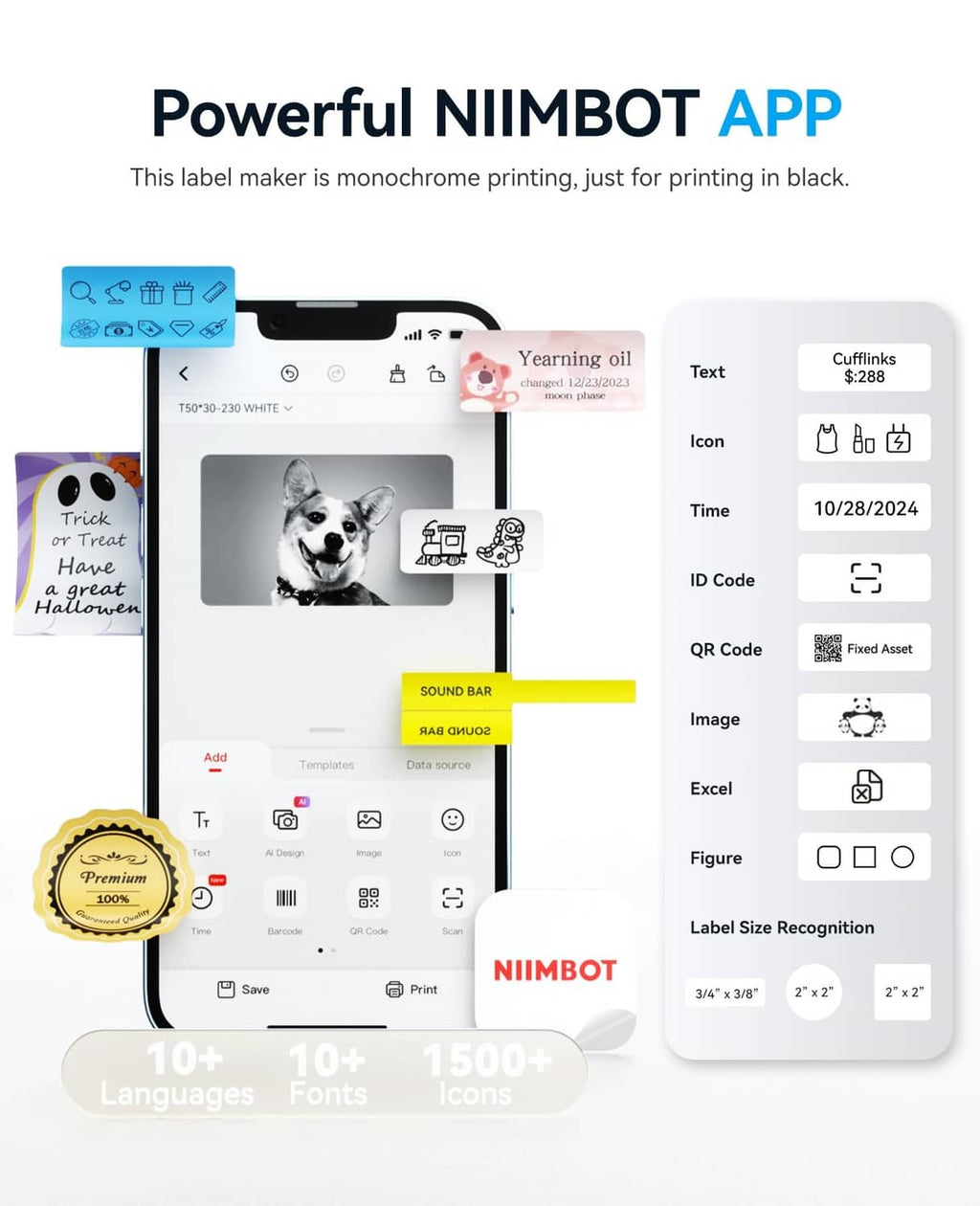 Label maker with smartphone app screen for monochrome label printing