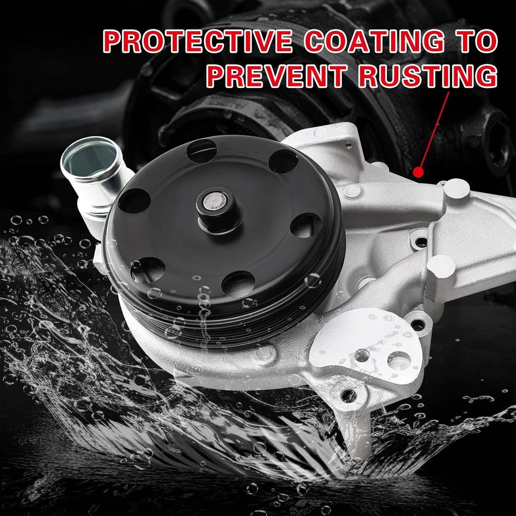 Engine water pump with thermostat, gray housing with black pulley wheel