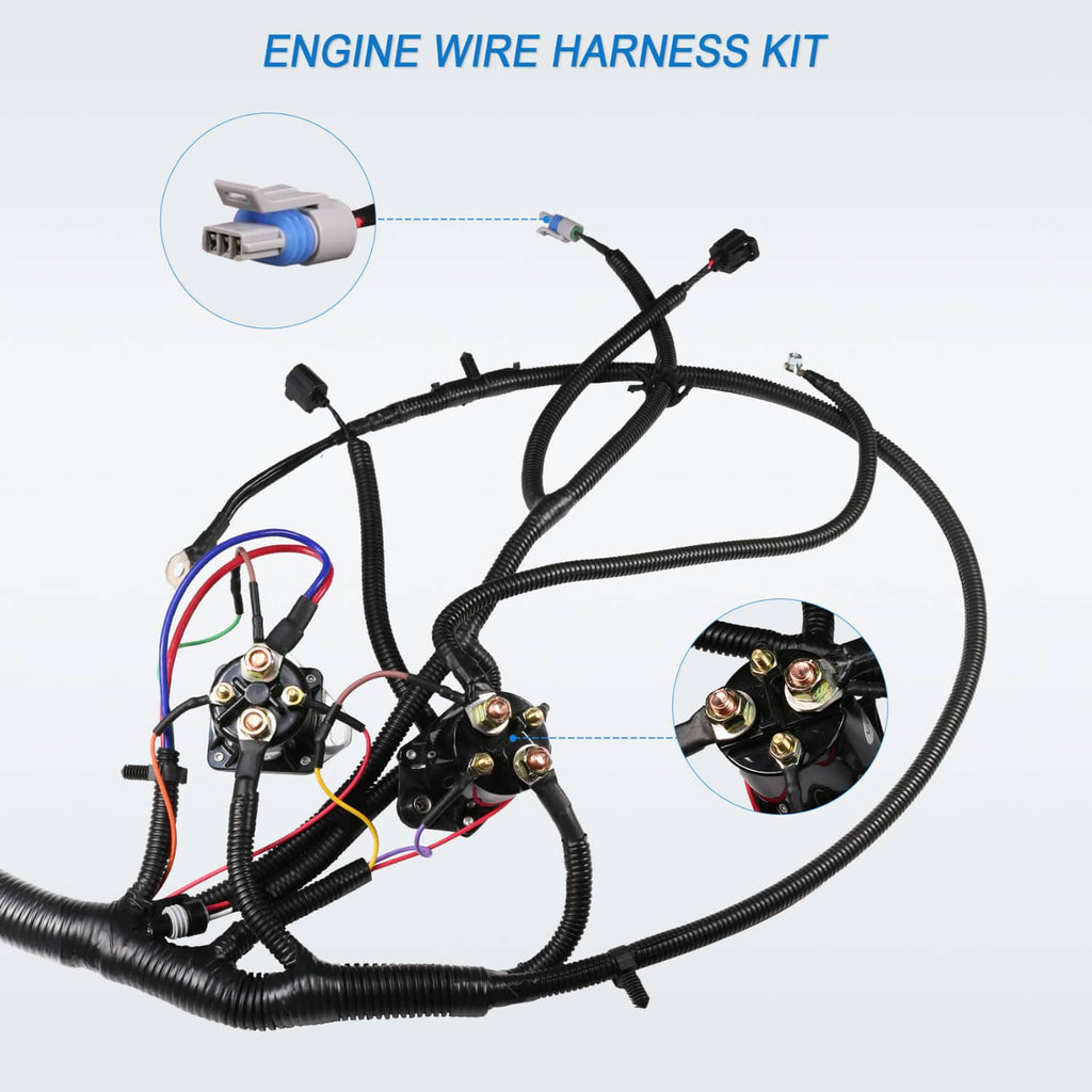 Engine wiring harness kit with wiring loom, sensor connectors, and red-striped heat wrap section