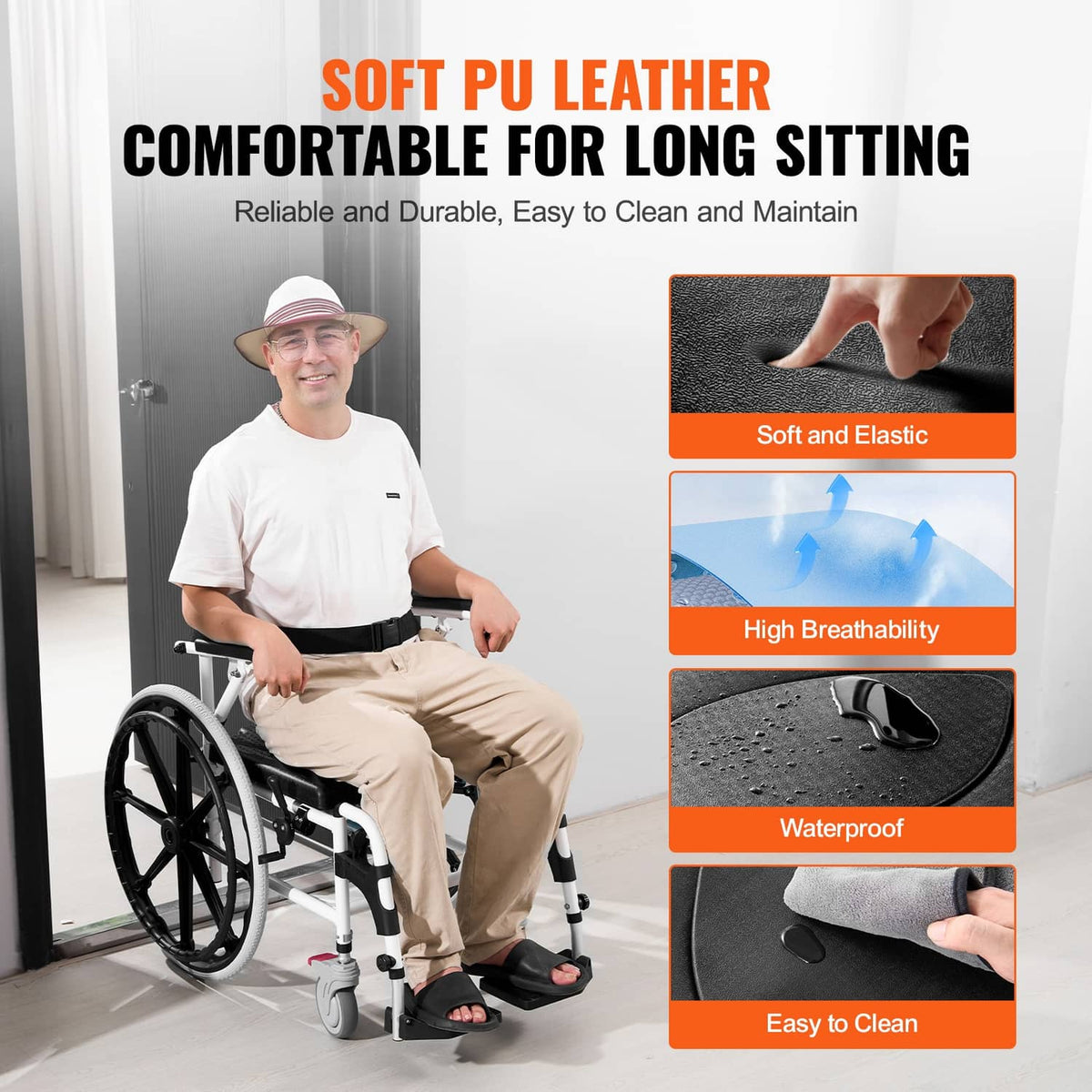 Shower wheelchair with soft black seat cushion and armrests, white frame, rear wheel visible