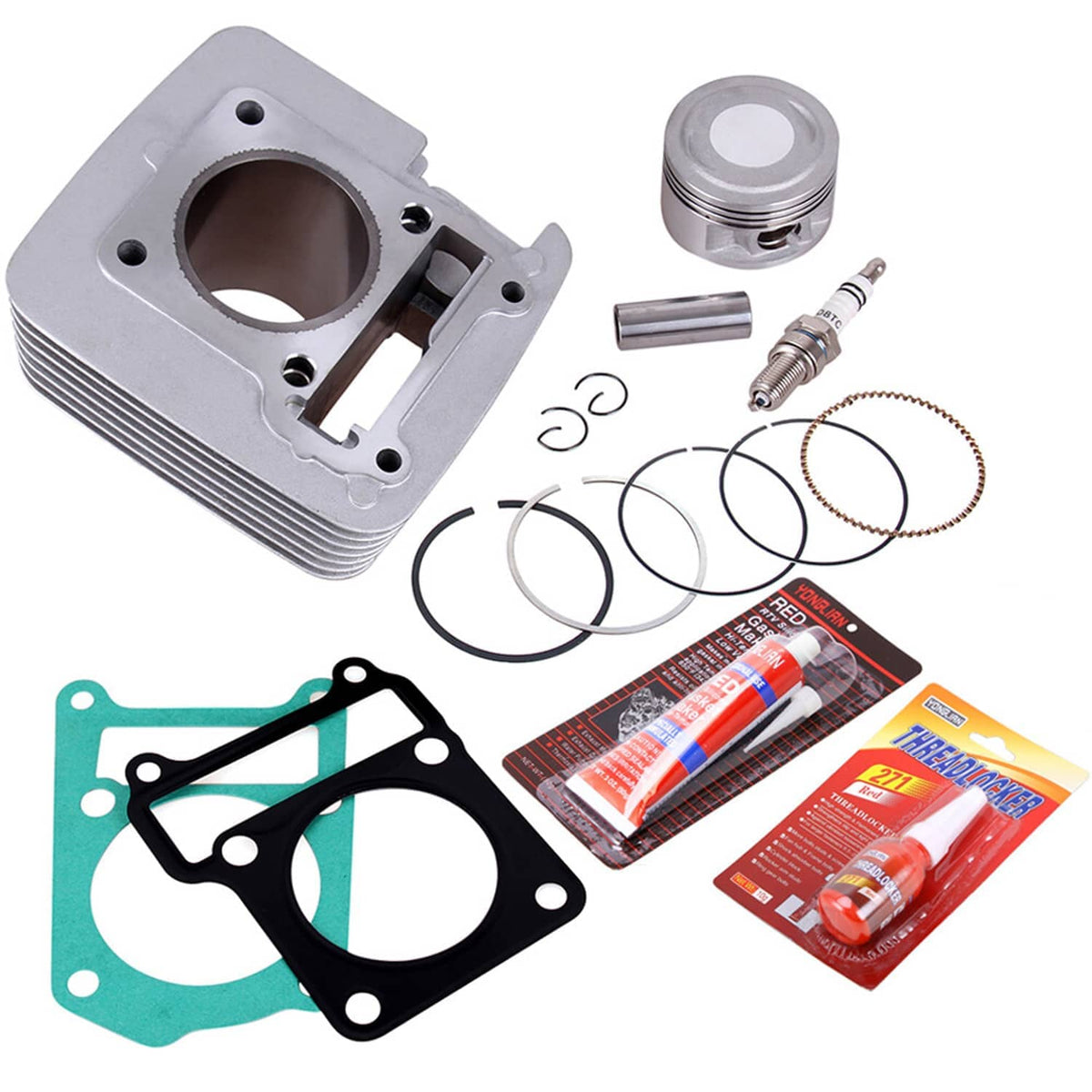 Aluminum cylinder and piston with piston rings, crankcase gasket, and seal hardware kit