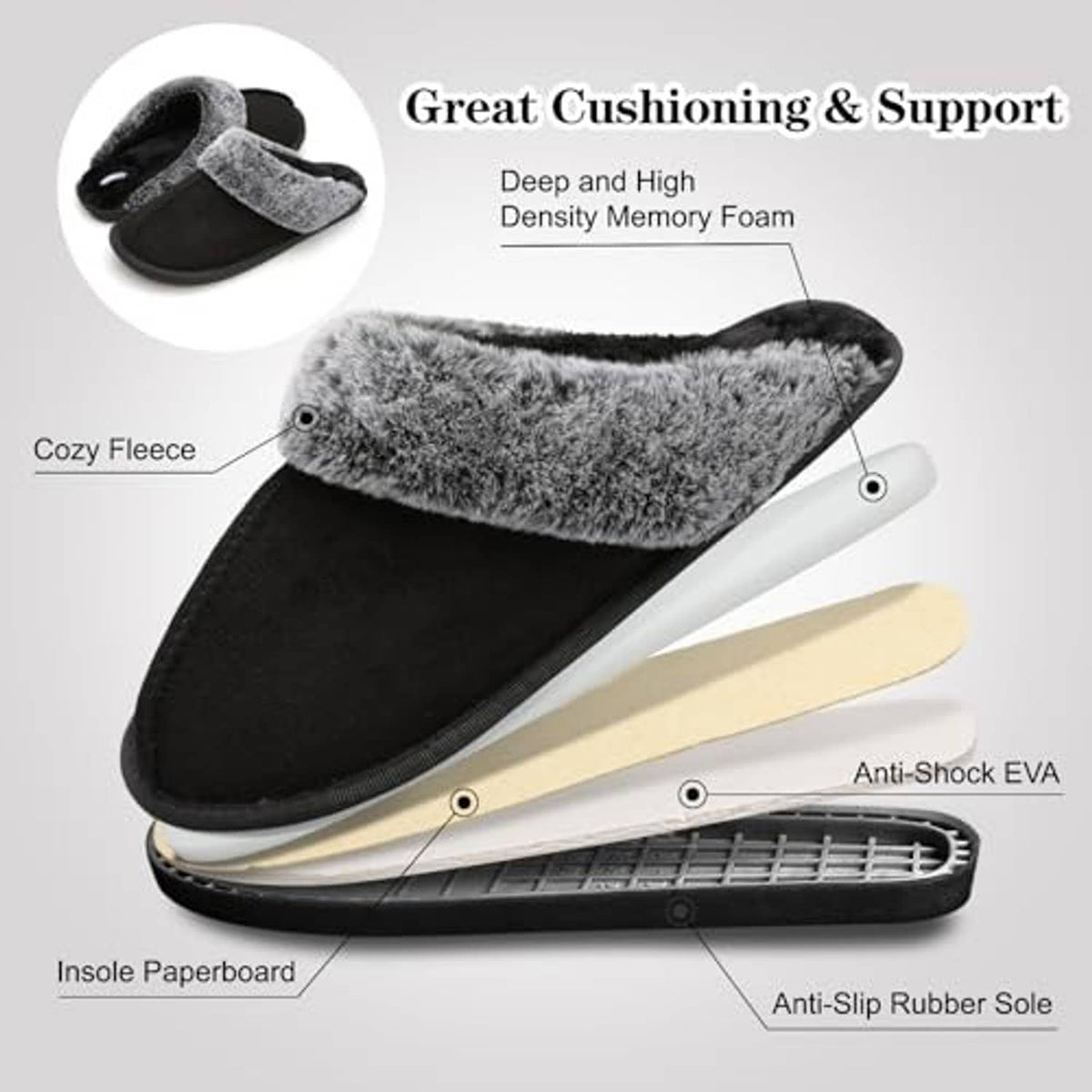 Men's black slide slippers with gray fuzzy collar and anti-slip cushioned sole