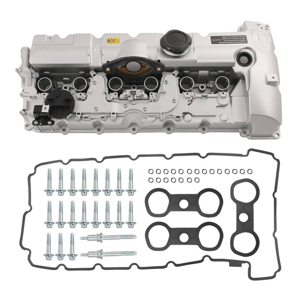 Aluminum engine valve cover kit with gasket seals, bolts, and metal components