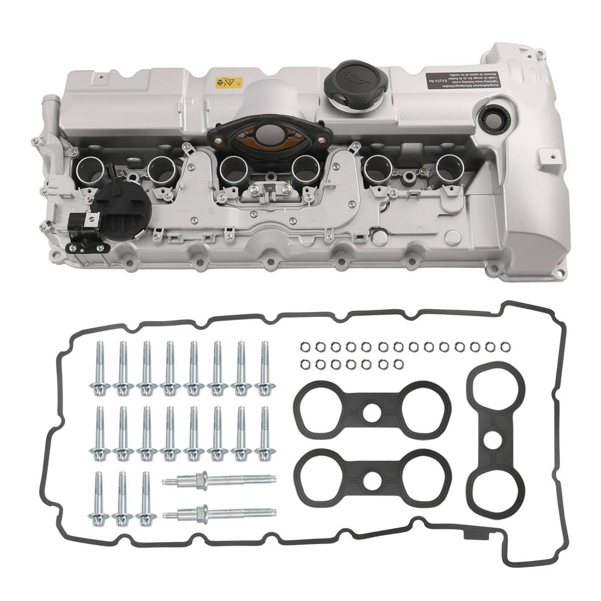 Aluminum engine valve cover kit with gasket seals, bolts, and metal components