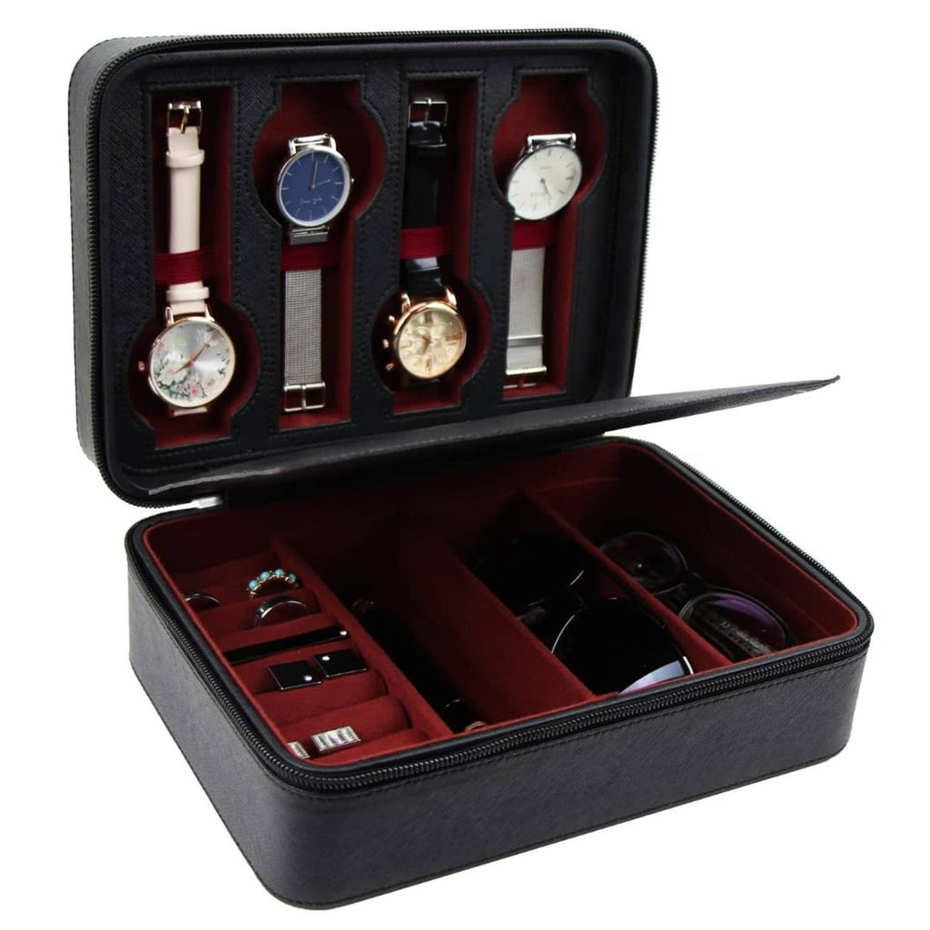 Black jewelry box open showing watch slots and eyeglass compartment with red lining