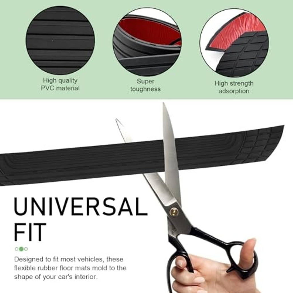 Black universal fit bumper protector strip with textured tread, shown with scissors for cutting