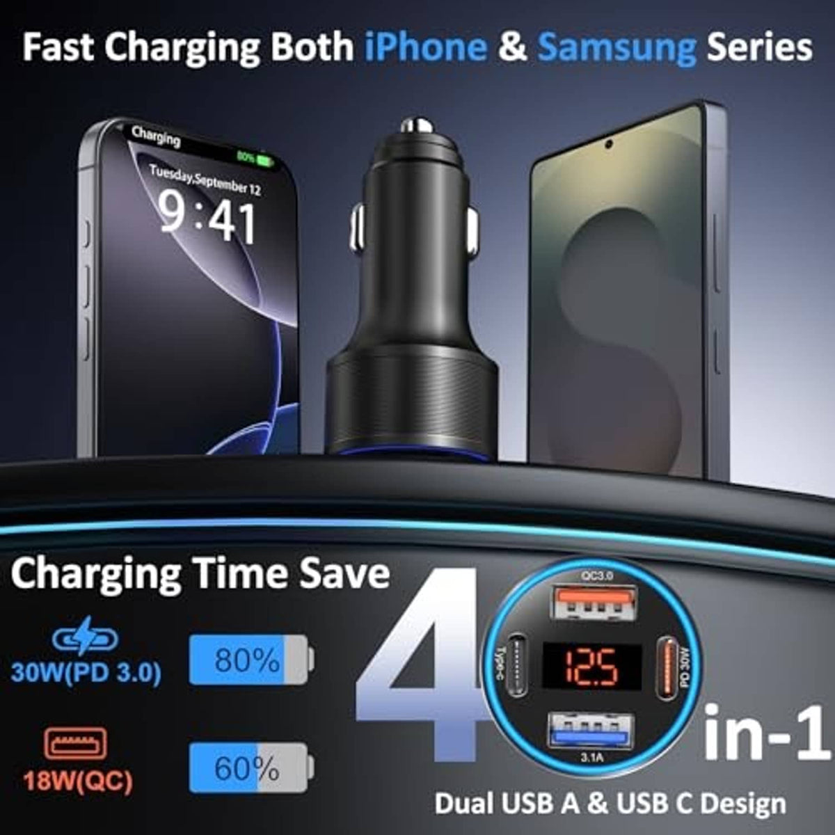 Car cigarette lighter charger with LED voltage display and USB-C/USB-A multiport head