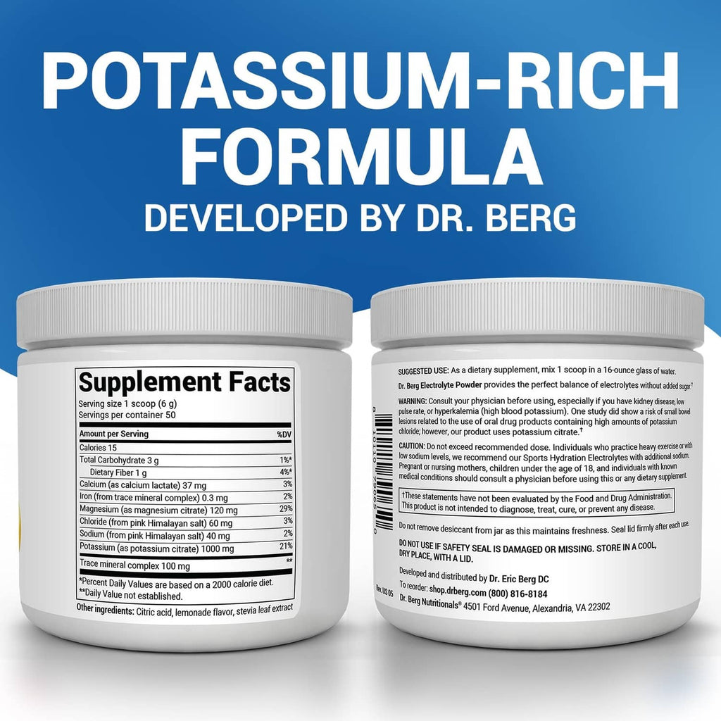 Dr. Berg electrolyte powder jar back with supplement facts and ingredients panel