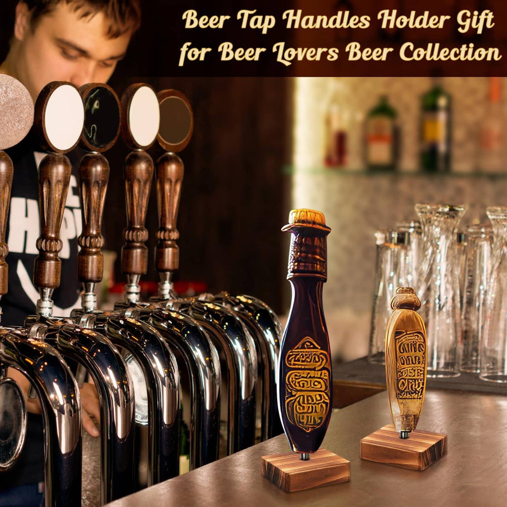 Pine wood beer tap handle holder display set with several decorative tap handles