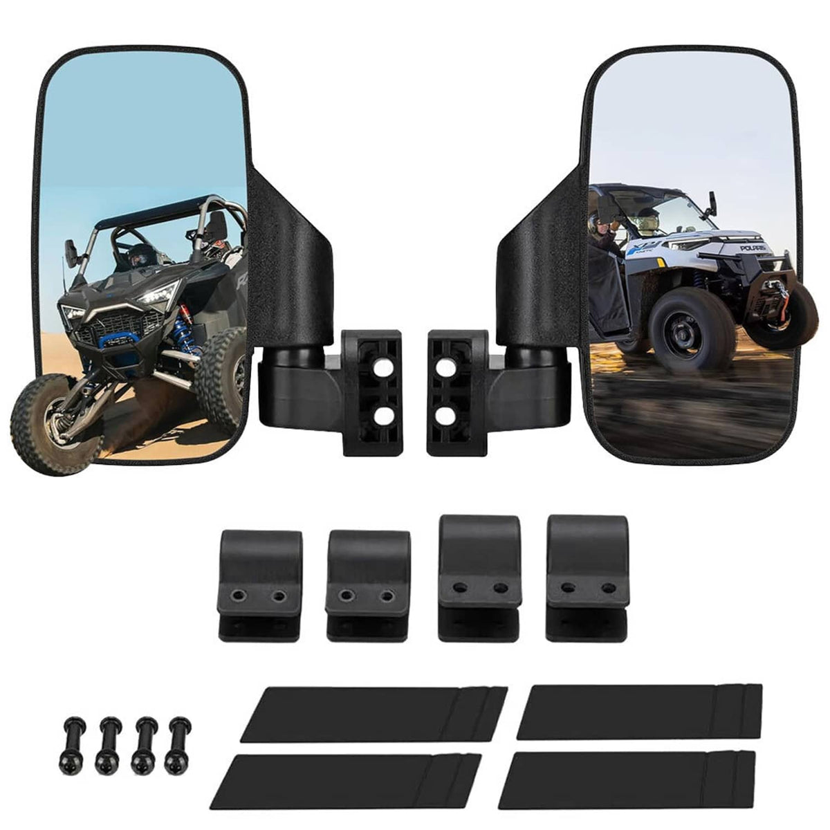 UTV rearview side mirror kit with two clear lenses, black brackets, screws, and mounting pads
