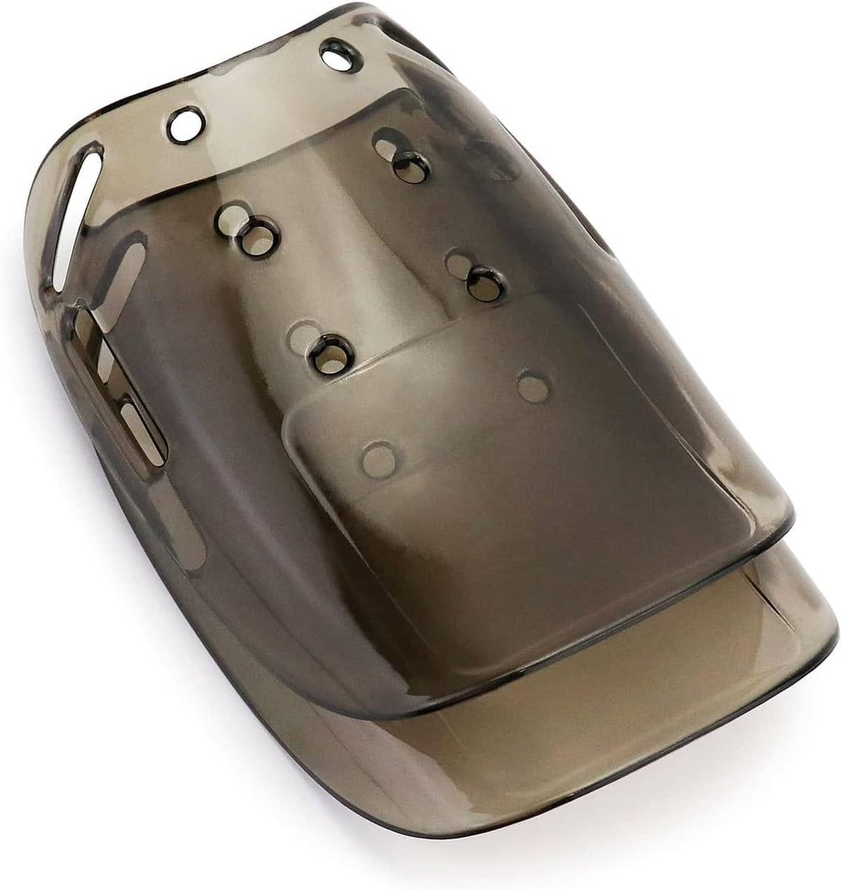 Metal metatarsal guard plate close-up with front loop and multiple mounting holes