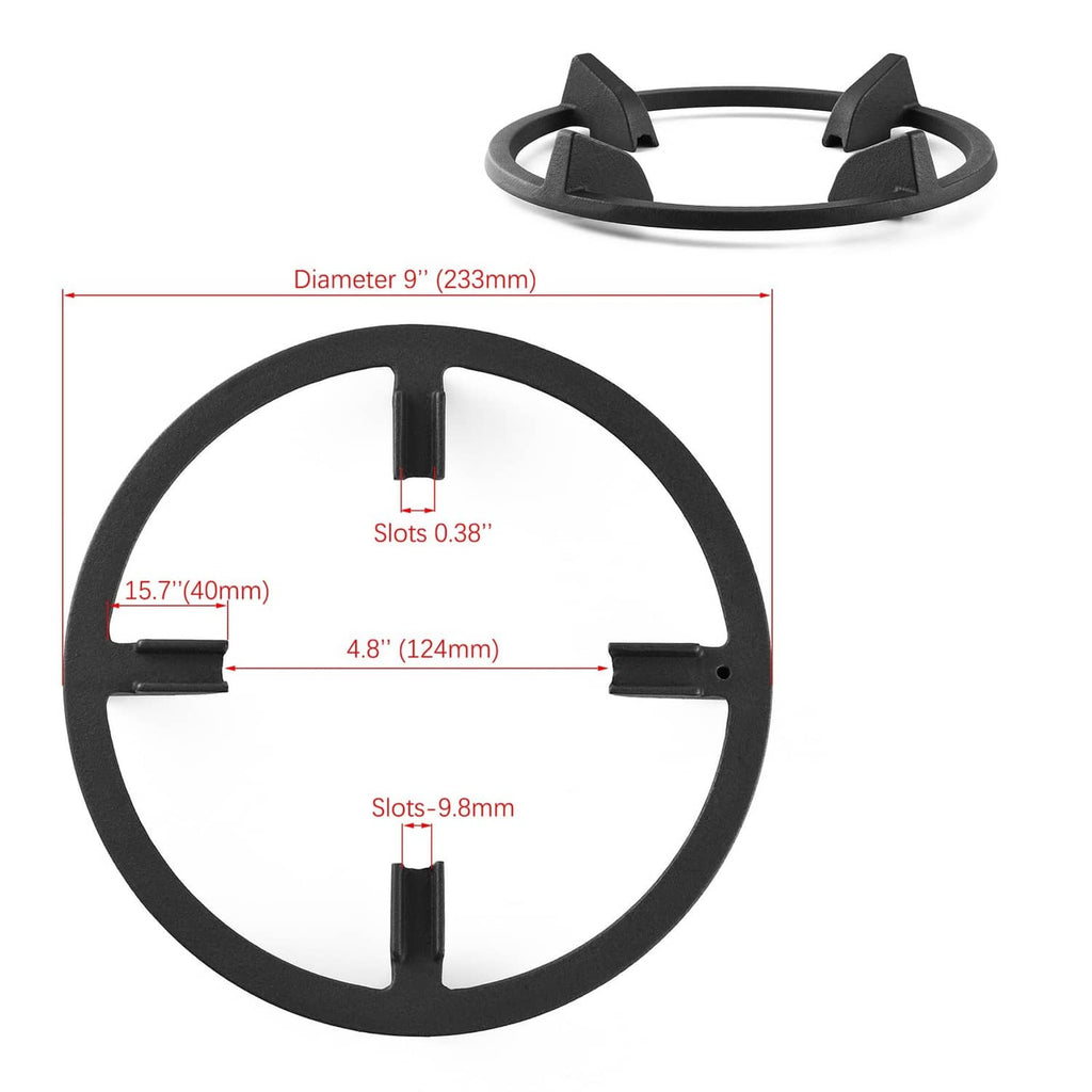 Black 9-inch cast iron wok ring support with slot and diameter markings