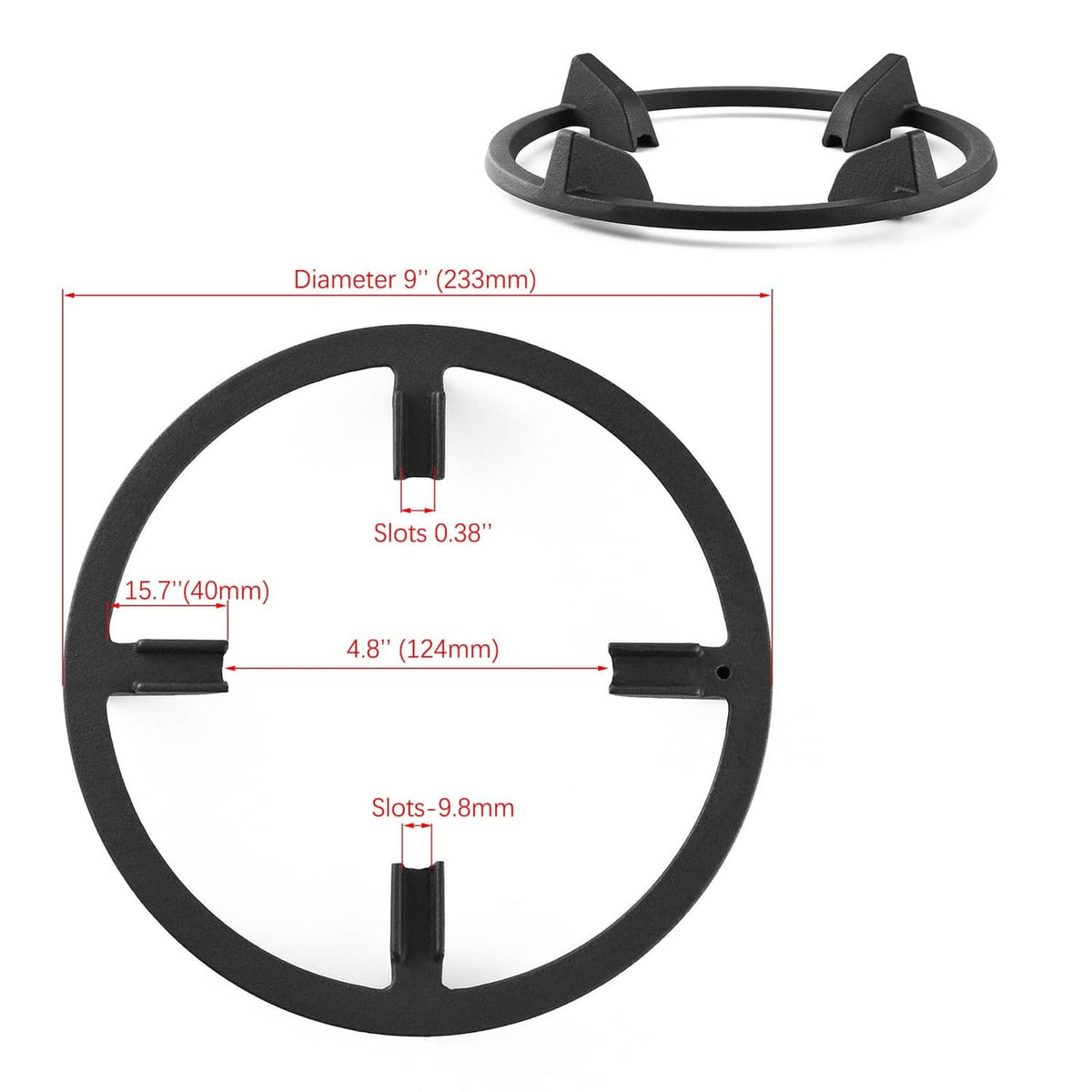 Black 9-inch cast iron wok ring support with slot and diameter markings