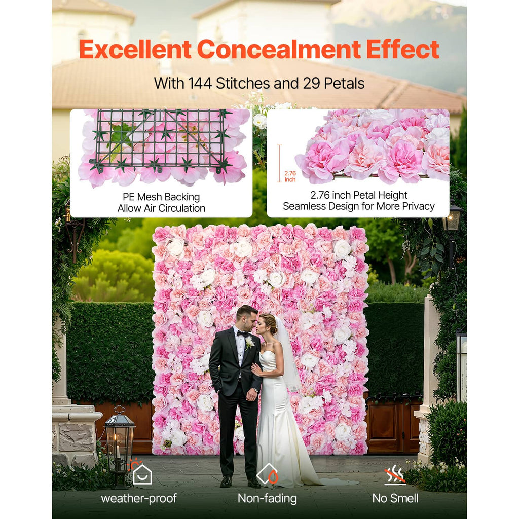 Artificial pink flower privacy wall panel with mesh backing and 3D petal texture