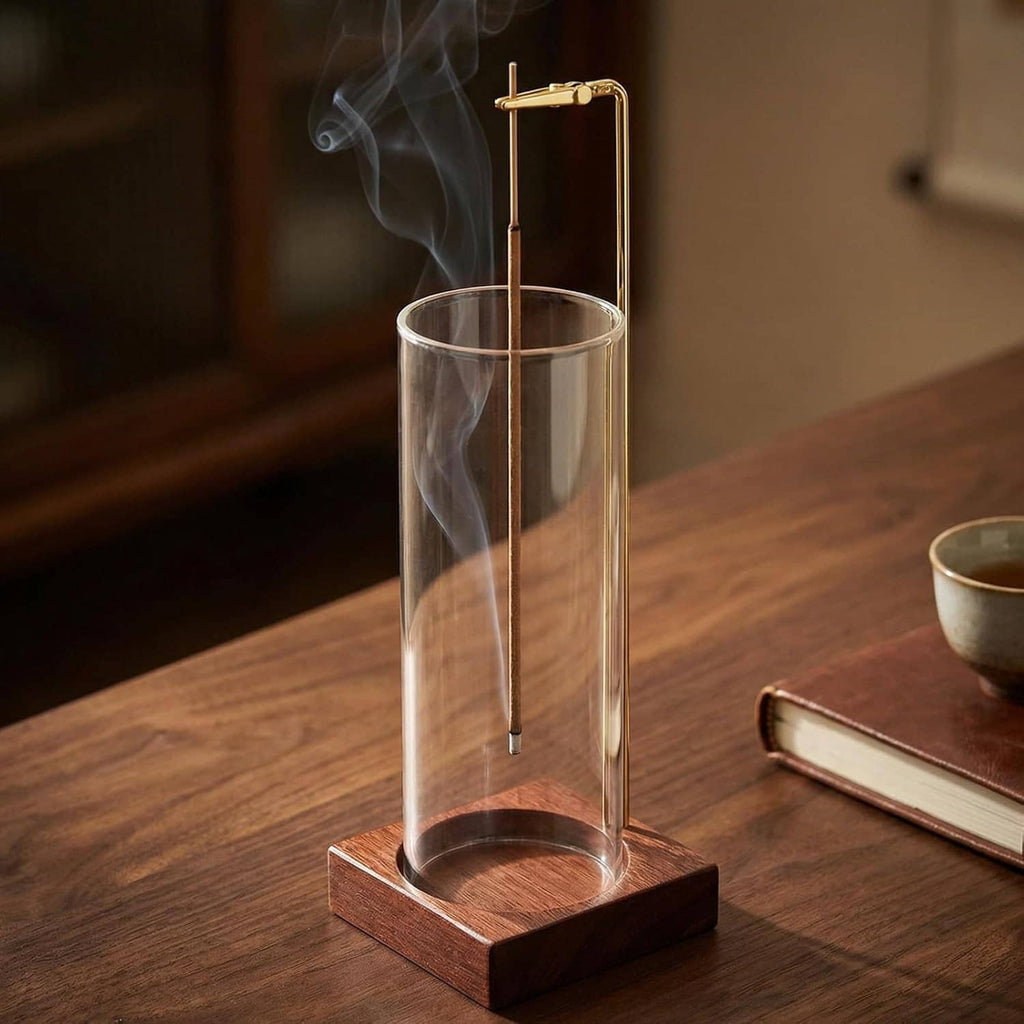 Incense holder with clear glass cylinder and dark wood base with visible incense smoke